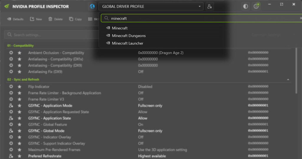 Nvidia Profile Inspector Search for Minecraft